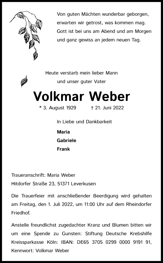 Anzeige von Volkmar Weber von Kölner Stadt-Anzeiger / Kölnische Rundschau / Express
