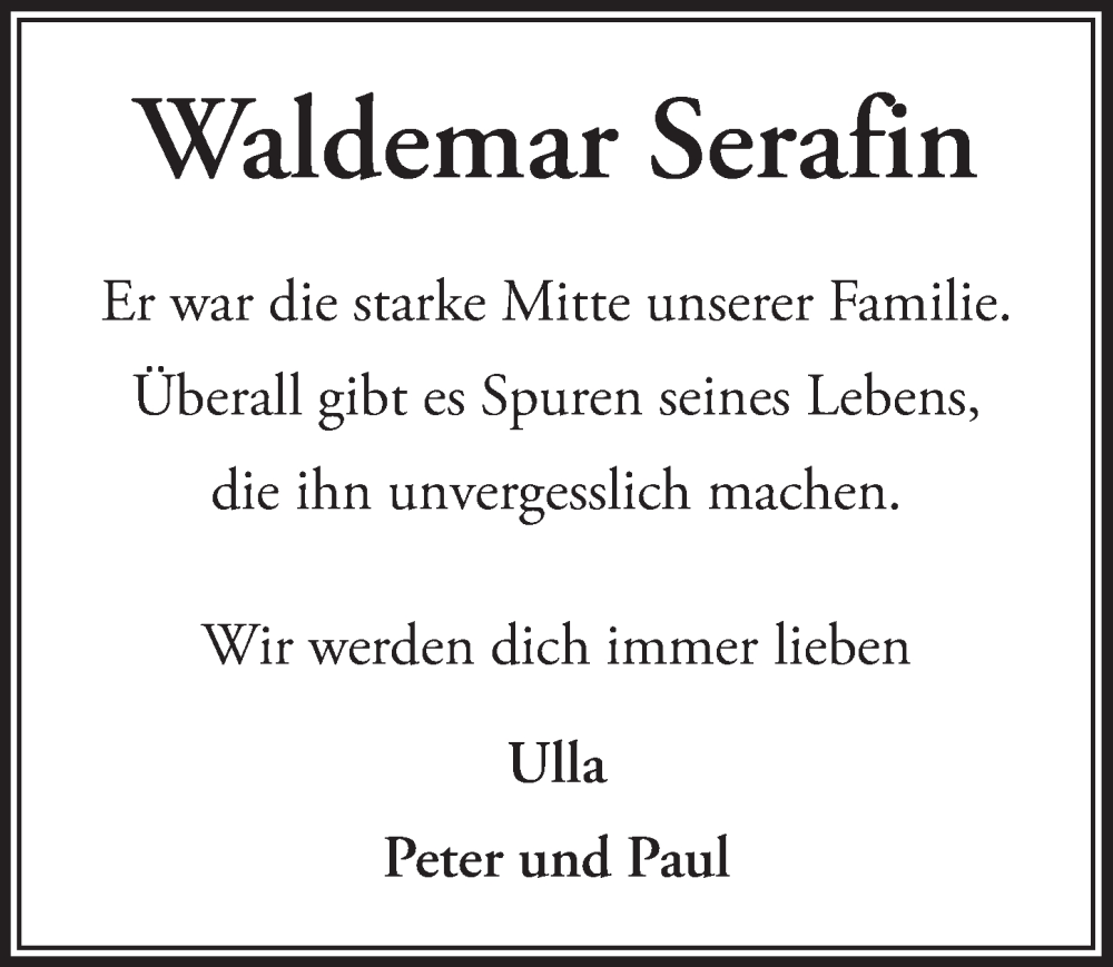  Traueranzeige für Waldemar Serafin vom 24.06.2022 aus  Lokalanzeiger 