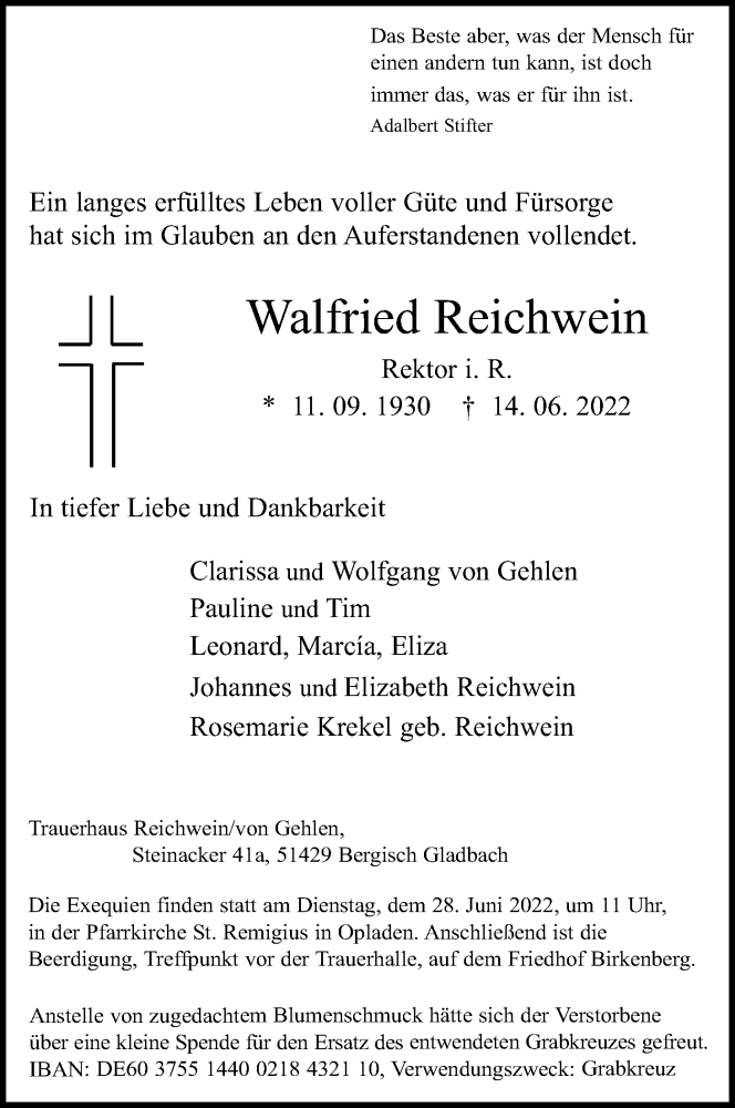  Traueranzeige für Walfried Reichwein vom 25.06.2022 aus Kölner Stadt-Anzeiger / Kölnische Rundschau / Express