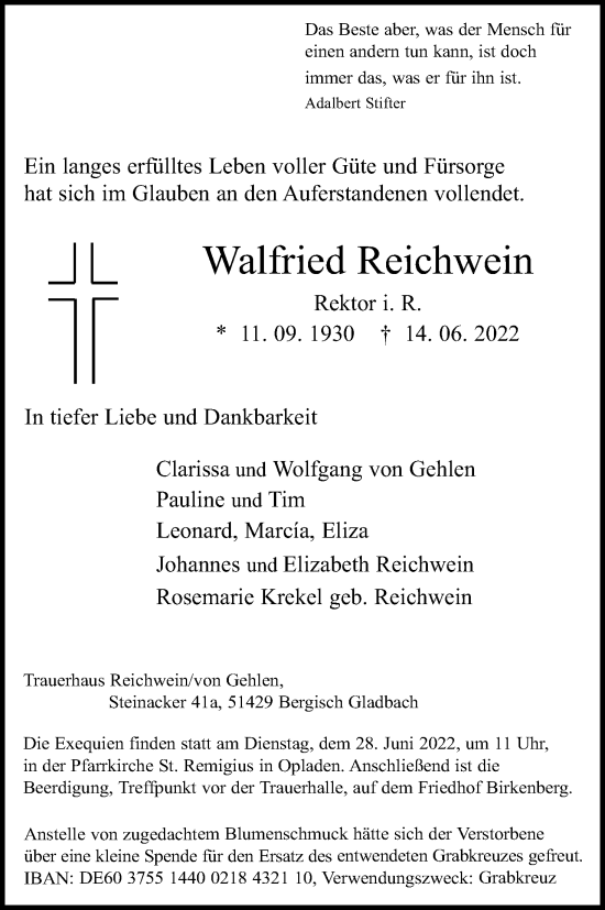 Anzeige von Walfried Reichwein von Kölner Stadt-Anzeiger / Kölnische Rundschau / Express