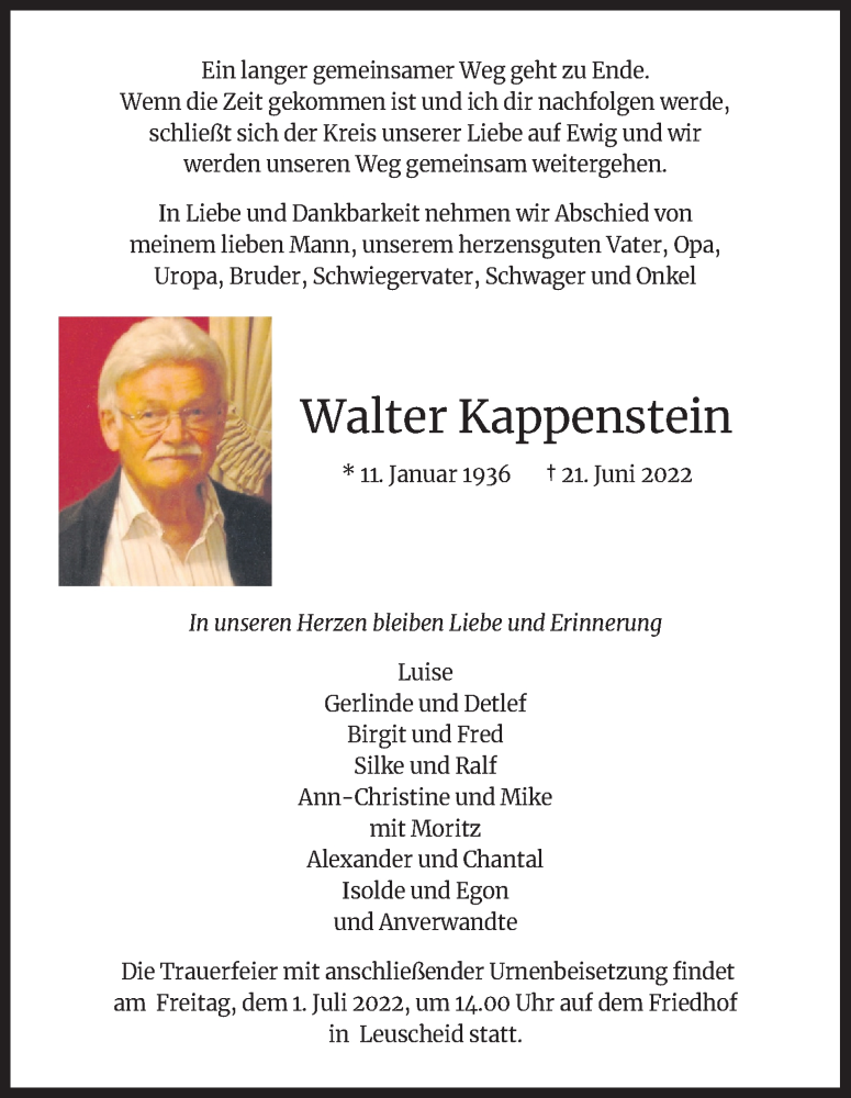  Traueranzeige für Walter Kappenstein vom 27.06.2022 aus Kölner Stadt-Anzeiger / Kölnische Rundschau / Express