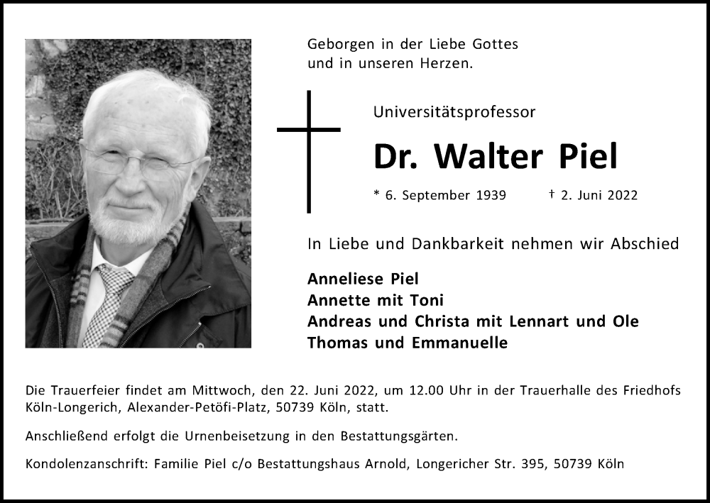  Traueranzeige für Walter Piel vom 11.06.2022 aus Kölner Stadt-Anzeiger / Kölnische Rundschau / Express