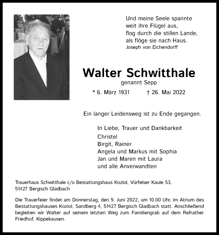  Traueranzeige für Walter Schwitthale vom 04.06.2022 aus Kölner Stadt-Anzeiger / Kölnische Rundschau / Express