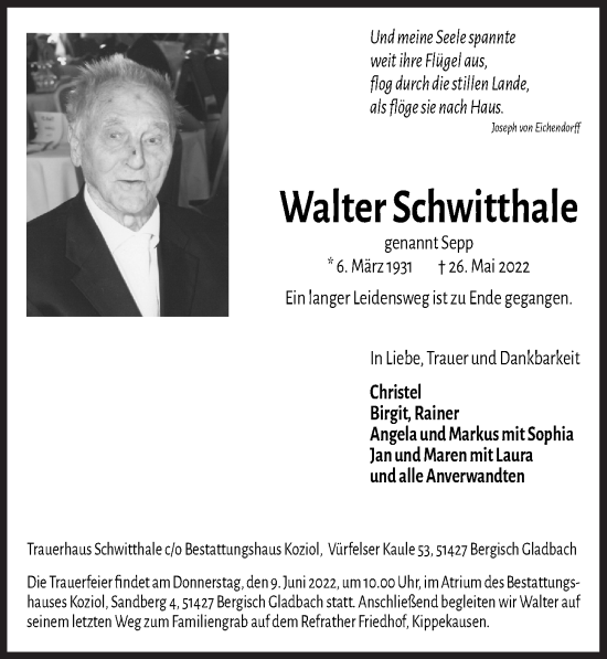 Anzeige von Walter Schwitthale von  Bergisches Handelsblatt 