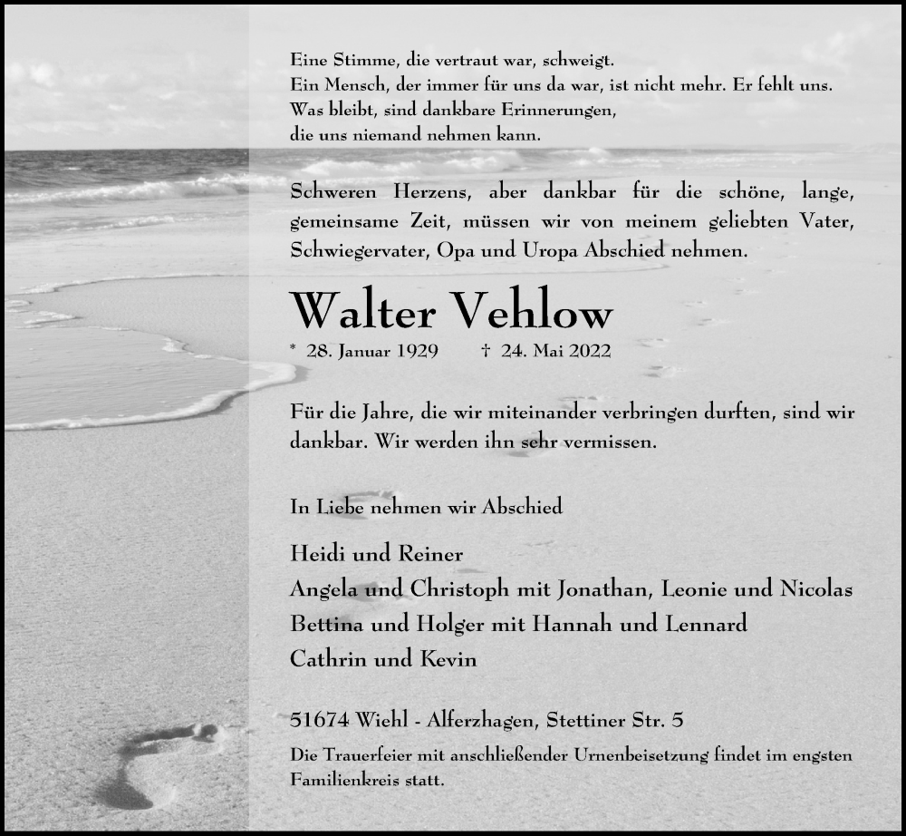  Traueranzeige für Walter Vehlow vom 10.06.2022 aus Kölner Stadt-Anzeiger / Kölnische Rundschau / Express