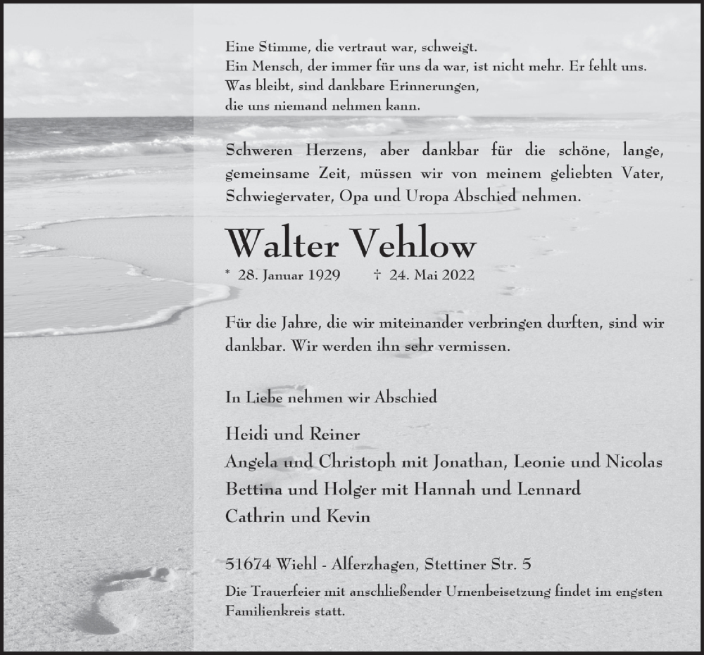  Traueranzeige für Walter Vehlow vom 17.06.2022 aus  Anzeigen Echo 