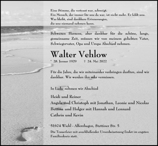 Anzeige von Walter Vehlow von Kölner Stadt-Anzeiger / Kölnische Rundschau / Express
