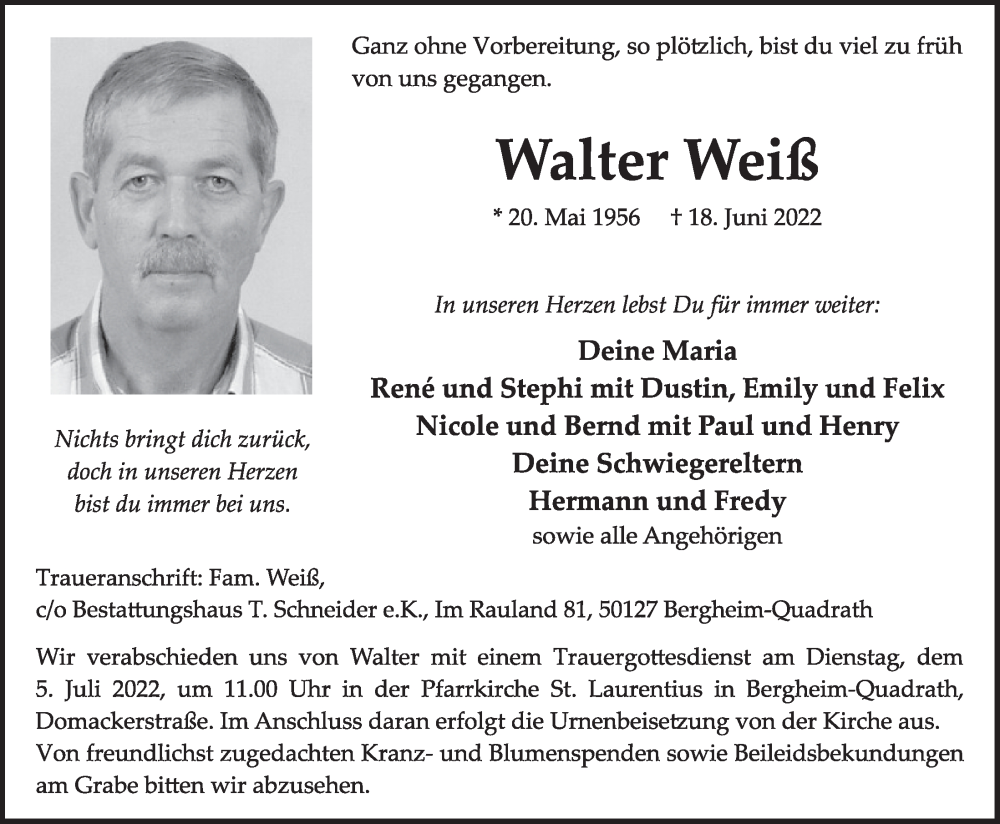  Traueranzeige für Walter Weiß vom 01.07.2022 aus  Werbepost 