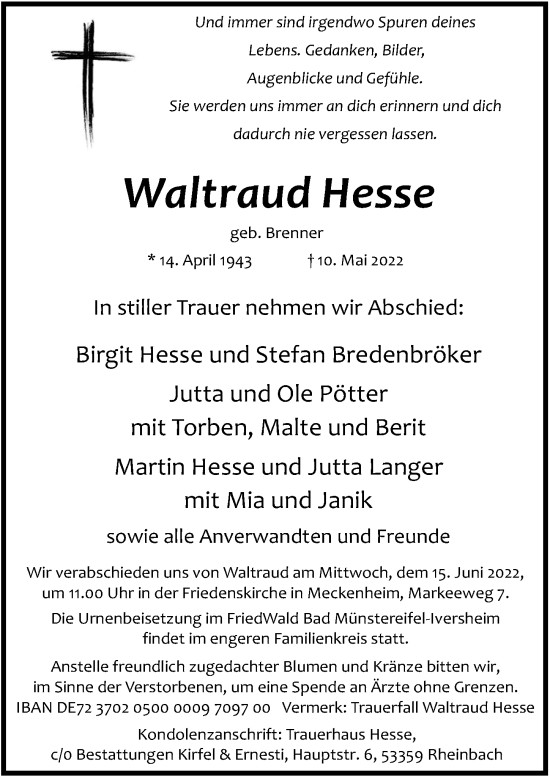Anzeige von Waltraud Hesse von  Schaufenster/Blickpunkt 