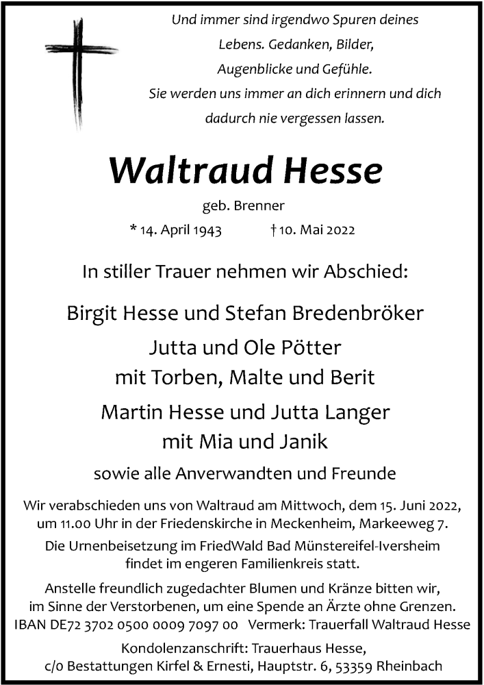  Traueranzeige für Waltraud Hesse vom 03.06.2022 aus  Schaufenster/Blickpunkt 