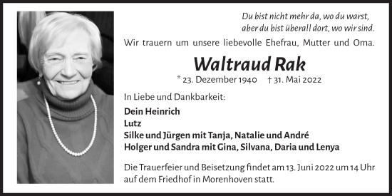 Anzeige von Waltraud Rak von  Schaufenster/Blickpunkt 