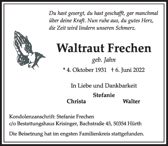 Anzeige von Waltraut Frechen von  Wochenende 