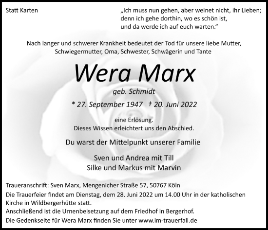Anzeige von Wera Marx von  Lokalanzeiger 