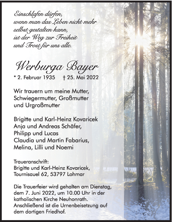 Anzeige von Werburga Bayer von Kölner Stadt-Anzeiger / Kölnische Rundschau / Express
