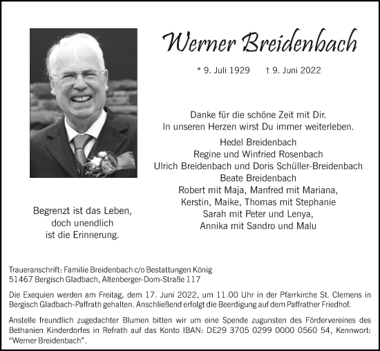 Anzeige von Werner Breidenbach von Kölner Stadt-Anzeiger / Kölnische Rundschau / Express