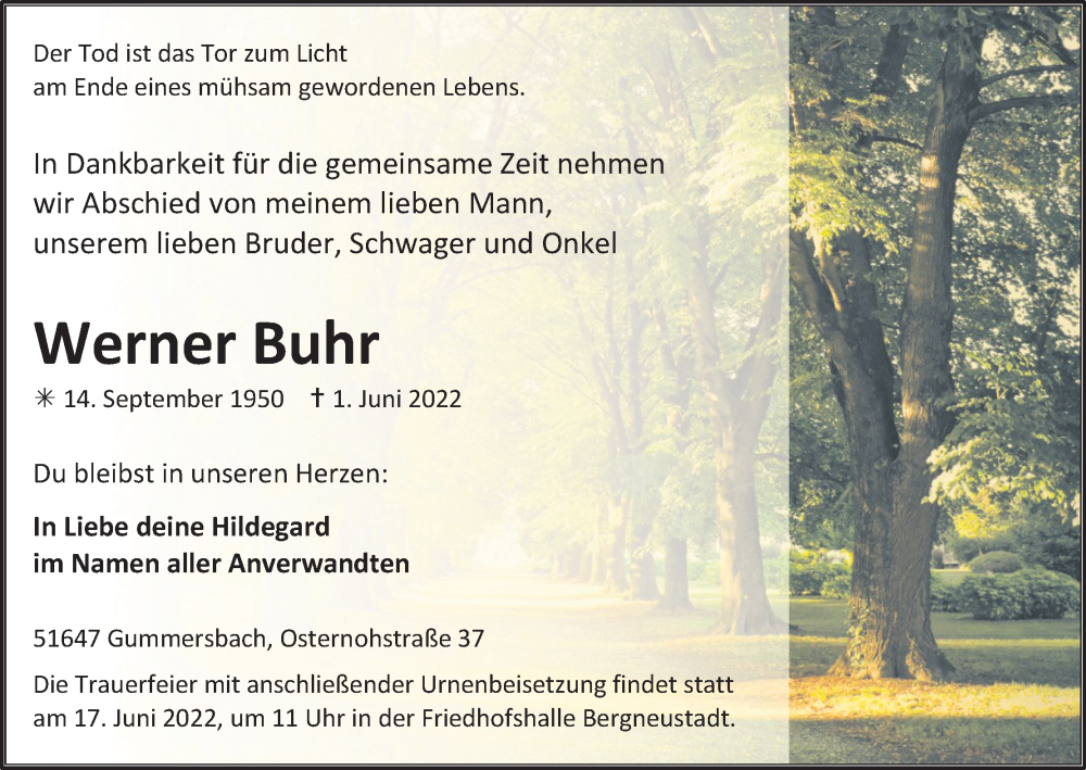  Traueranzeige für Werner Buhr vom 11.06.2022 aus Kölner Stadt-Anzeiger / Kölnische Rundschau / Express