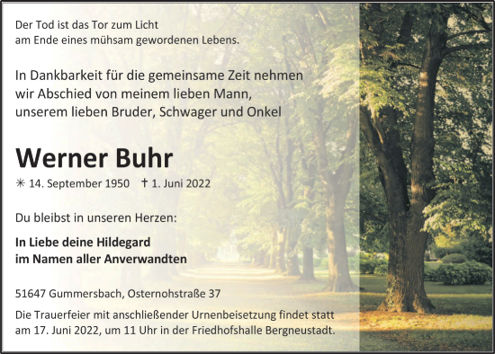 Anzeige von Werner Buhr von  Anzeigen Echo 