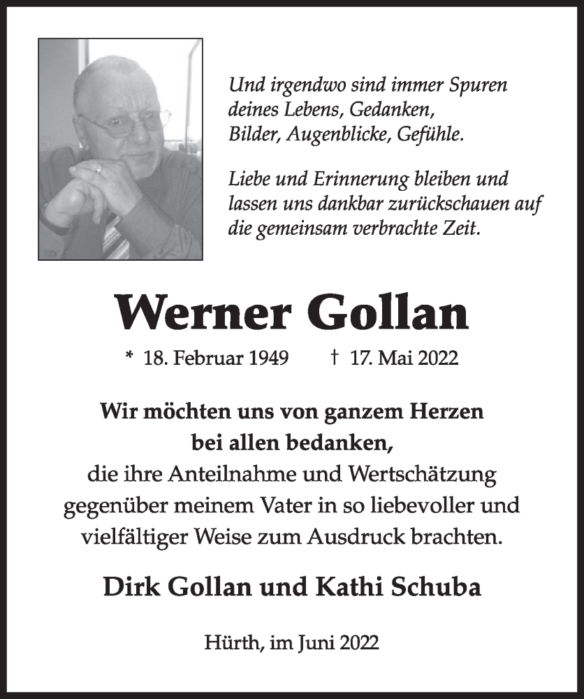  Traueranzeige für Werner Gollan vom 24.06.2022 aus  Schlossbote/Werbekurier 