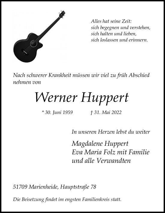 Anzeige von Werner Huppert von Kölner Stadt-Anzeiger / Kölnische Rundschau / Express