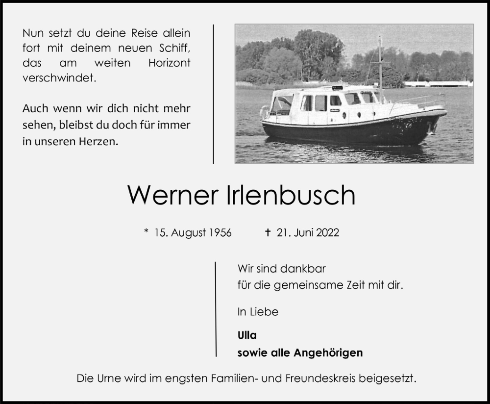  Traueranzeige für Werner Irlenbusch vom 01.07.2022 aus  Bergisches Handelsblatt 