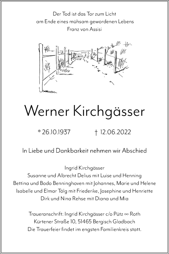Anzeige von Werner Kirchgässer von Kölner Stadt-Anzeiger / Kölnische Rundschau / Express