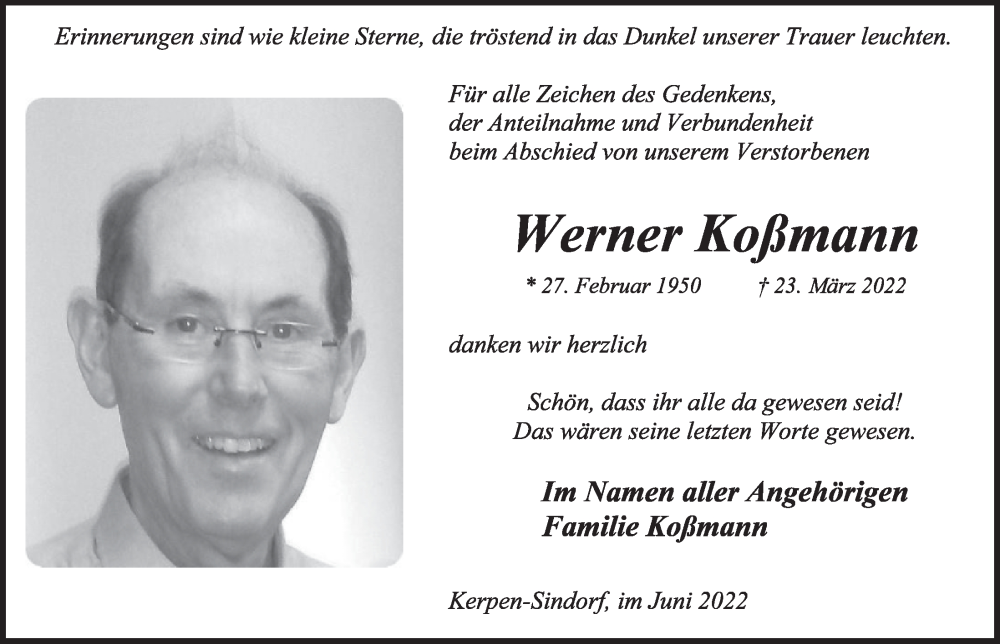  Traueranzeige für Werner Koßmann vom 10.06.2022 aus  Werbepost 