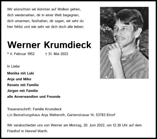 Anzeige von Werner Krumdieck von Kölner Stadt-Anzeiger / Kölnische Rundschau / Express