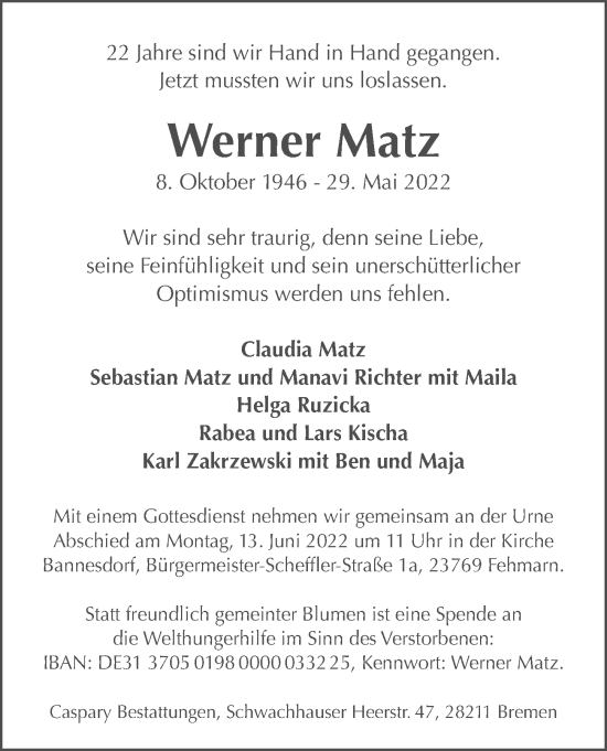 Anzeige von Werner Matz von  Anzeigen Echo 
