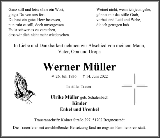 Anzeige von Werner Müller von  Anzeigen Echo 