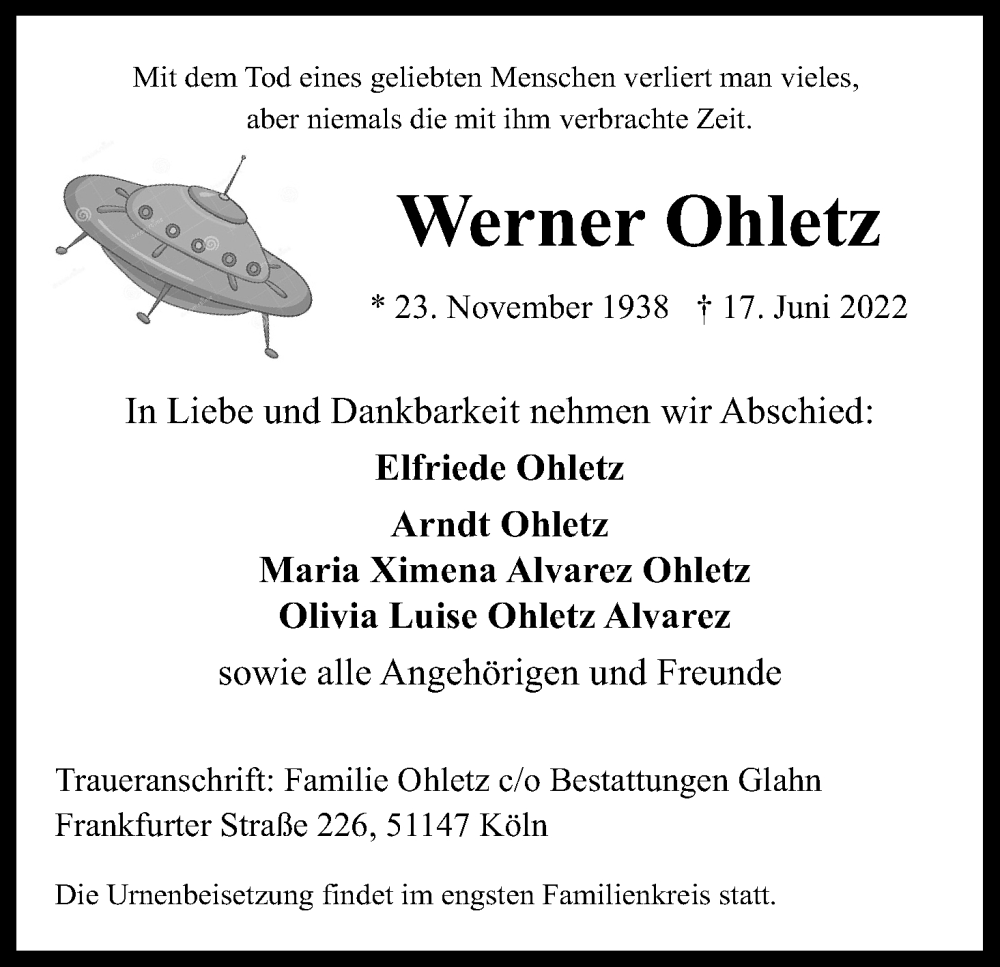  Traueranzeige für Werner Ohletz vom 25.06.2022 aus Kölner Stadt-Anzeiger / Kölnische Rundschau / Express