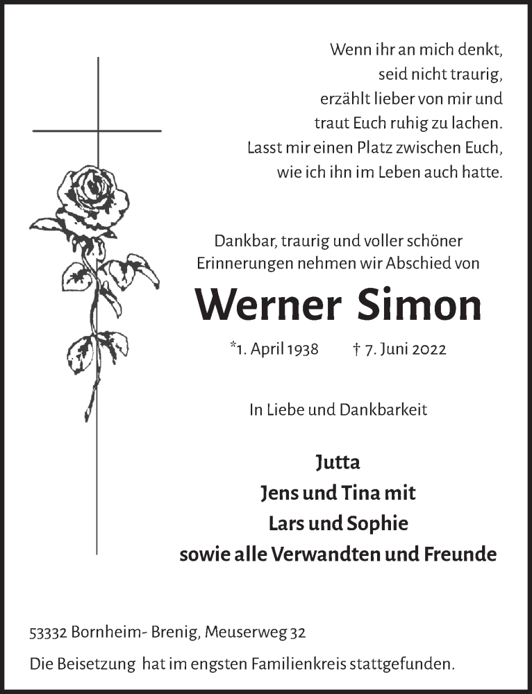  Traueranzeige für Werner Simon vom 24.06.2022 aus  Schaufenster/Blickpunkt 