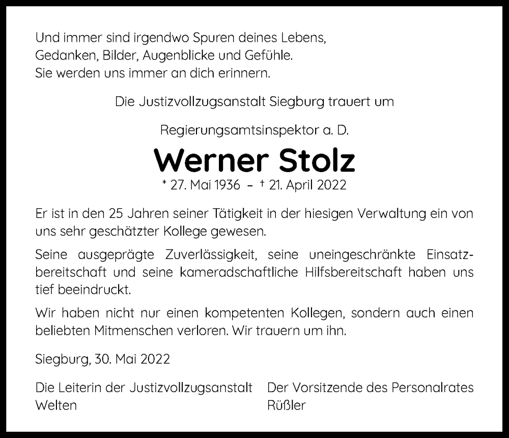  Traueranzeige für Werner Stolz vom 04.06.2022 aus Kölner Stadt-Anzeiger / Kölnische Rundschau / Express