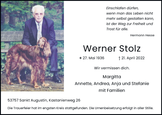Anzeige von Werner Stolz von Kölner Stadt-Anzeiger / Kölnische Rundschau / Express