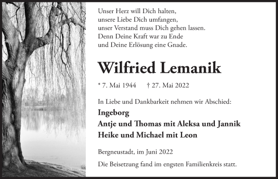 Anzeige von Wilfried Lemanik von  Anzeigen Echo 