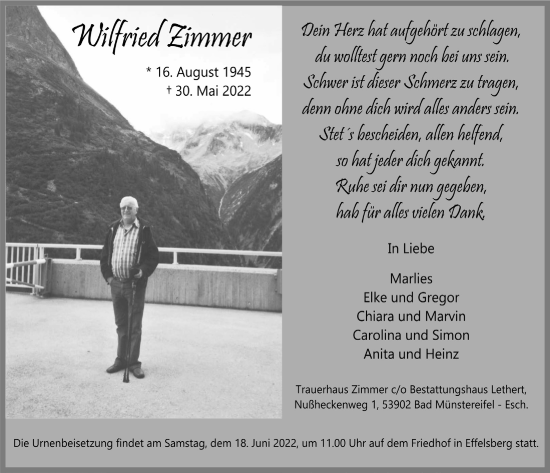 Anzeige von Wilfried Zimmer von  Blickpunkt Euskirchen 