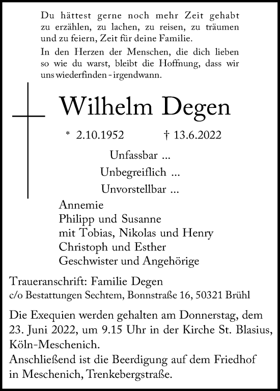 Anzeige von Wilhelm Degen von Kölner Stadt-Anzeiger / Kölnische Rundschau / Express