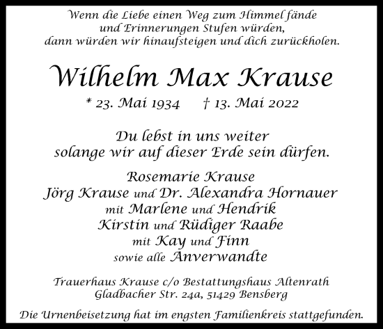 Anzeige von Wilhelm Max Krause von Kölner Stadt-Anzeiger / Kölnische Rundschau / Express