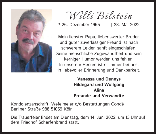 Anzeige von Willi Bilstein von Kölner Stadt-Anzeiger / Kölnische Rundschau / Express