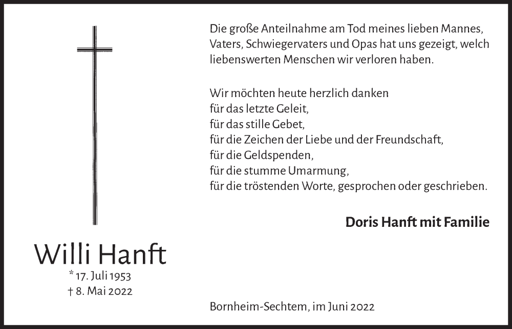  Traueranzeige für Willi Hanft vom 10.06.2022 aus  Schaufenster/Blickpunkt 
