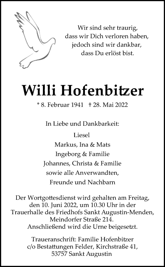 Anzeige von Willi Hofenbitzer von Kölner Stadt-Anzeiger / Kölnische Rundschau / Express