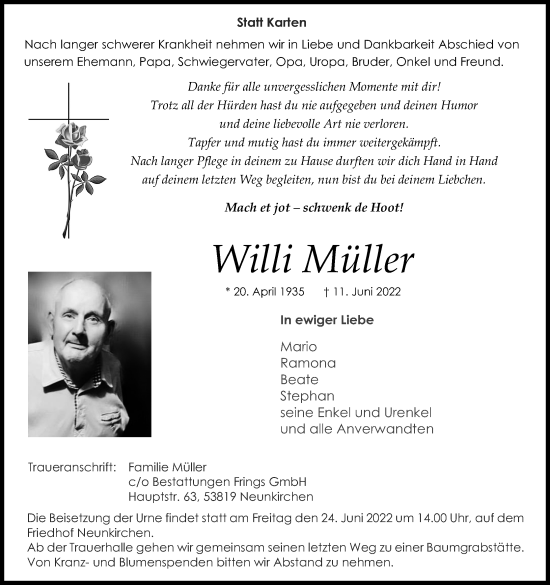 Anzeige von Willi Müller von Kölner Stadt-Anzeiger / Kölnische Rundschau / Express