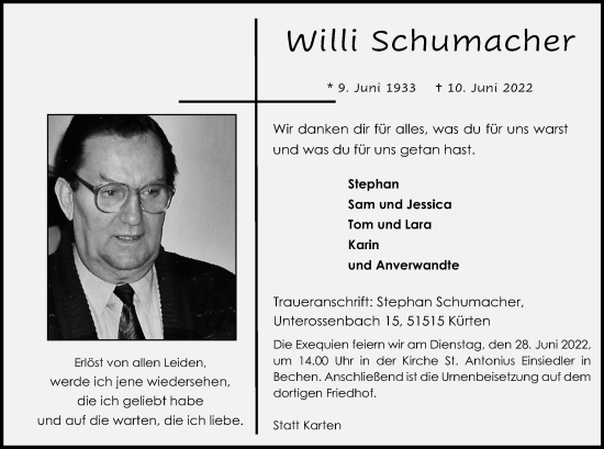 Anzeige von Willi Schumacher von Kölner Stadt-Anzeiger / Kölnische Rundschau / Express