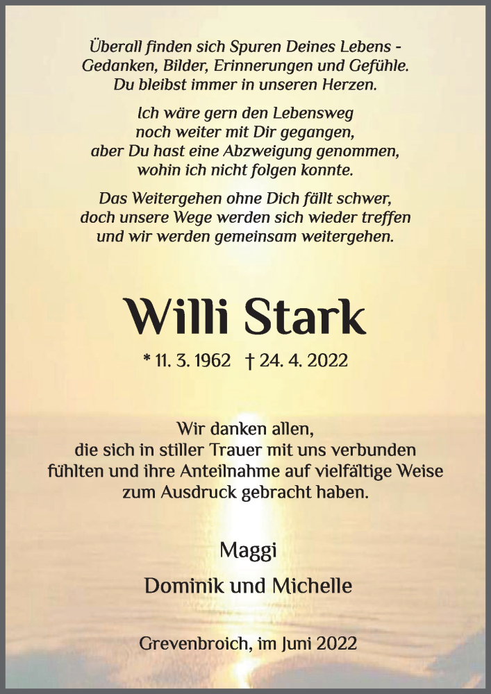  Traueranzeige für Willi Stark vom 10.06.2022 aus  Werbepost 