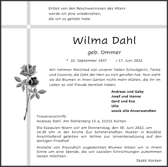 Anzeige von Wilma Dahl von Kölner Stadt-Anzeiger / Kölnische Rundschau / Express