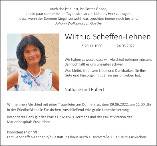 Anzeige von Wiltrud Schellen-Lehnen von  Blickpunkt Euskirchen 