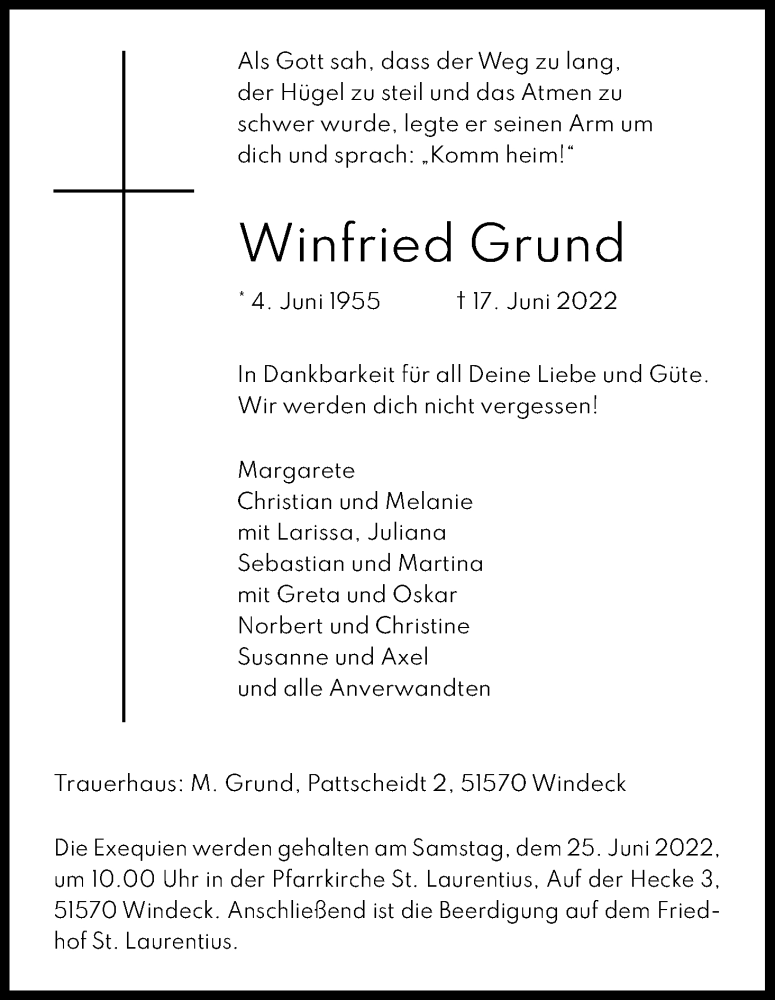 Traueranzeige für Winfried Grund vom 22.06.2022 aus Kölner Stadt-Anzeiger / Kölnische Rundschau / Express