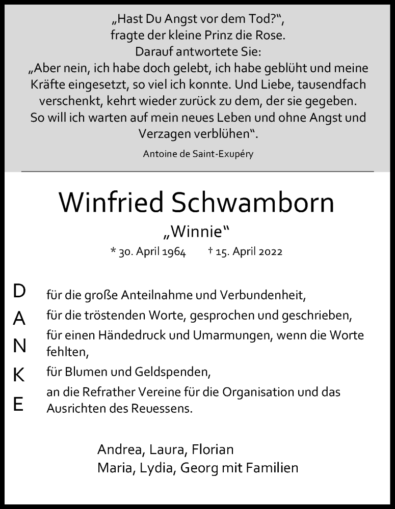  Traueranzeige für Winfried Schwamborn vom 11.06.2022 aus Kölner Stadt-Anzeiger / Kölnische Rundschau / Express