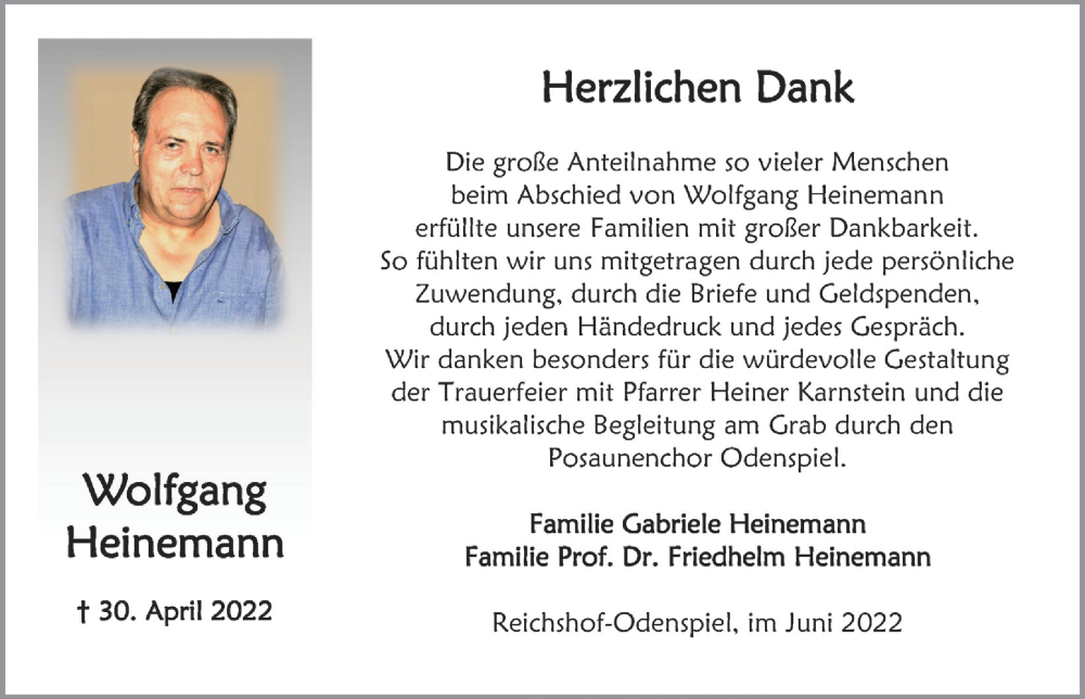  Traueranzeige für Wolfgang Heinemann vom 17.06.2022 aus  Anzeigen Echo  Lokalanzeiger 