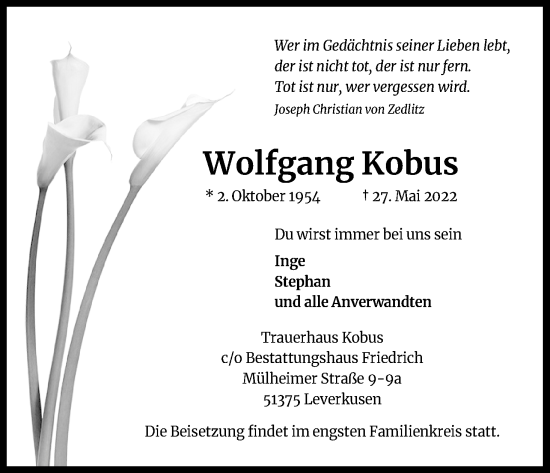 Anzeige von Wolfgang Kobus von Kölner Stadt-Anzeiger / Kölnische Rundschau / Express