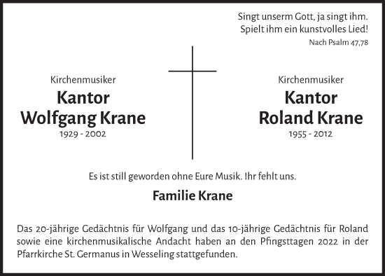Anzeige von Wolfgang Krane von  Schlossbote/Werbekurier 